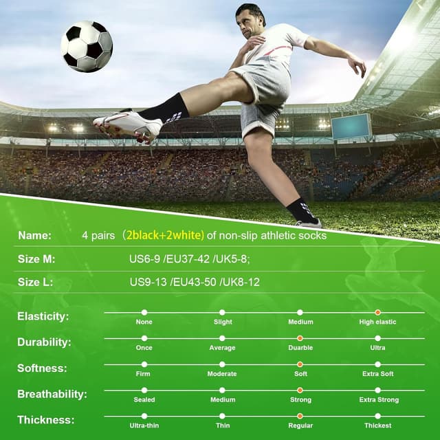 Detalle de Gogogoal 4-Pairs non-slip football socks (cushioned, breathable) – men and women sports & training crew socks