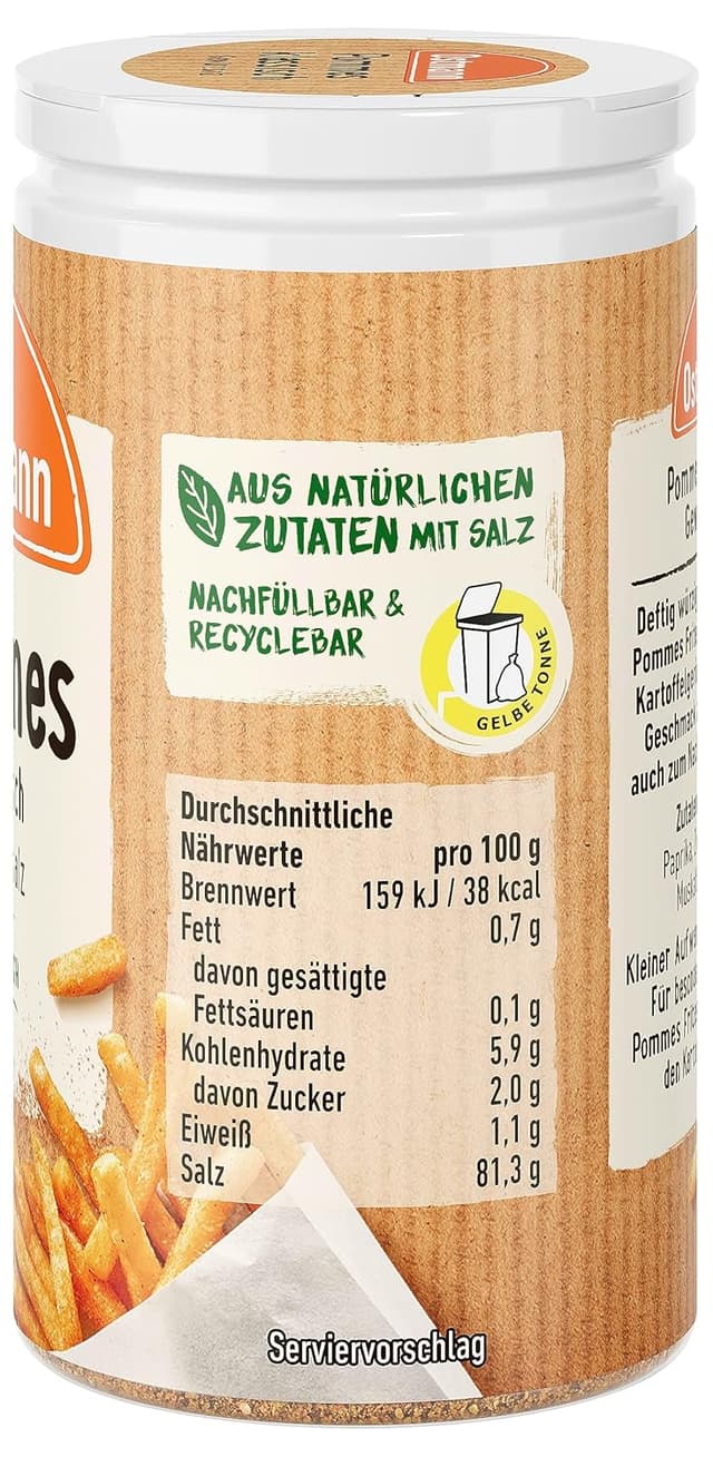 Detalle de Ostmann Gewürze Pommes Gewürzsalz klassisch – Pommesgewürz mit Salz, vegan, 4 x 70 g