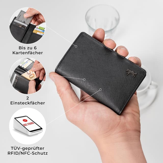 Detalle de Berliner Bags Vintage Porto Slim Kartenetui aus Saffiano Leder mit RFID-Schutz – Schwarz, mit Geschenkbox