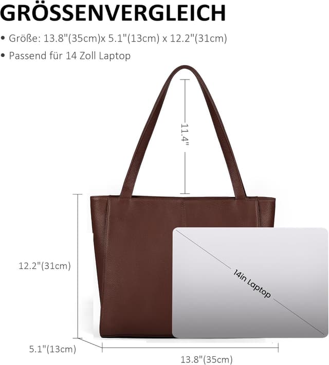 Detalle de befen Echtleder Damen Shopper-Tasche mit 14-Zoll-Laptopfach (Groß) – Henkeltasche mit Reißverschluss