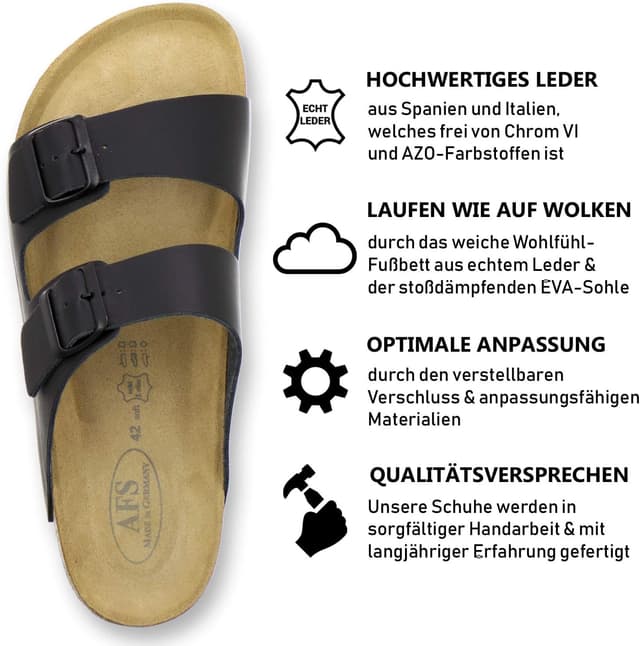 Detalle de AFS Herren-Pantoletten aus Leder – bequeme Sandalen & Hausschuhe mit verstellbarer Schnalle, Größe 36–50 (Made in Germany)