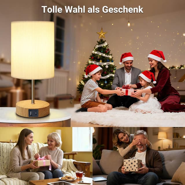Detalle de HSLighting Touch-dimmbare Nachttischlampe mit USB A+C Schnellladen (E14 LED, 3 Helligkeitsstufen) – 2er-Set