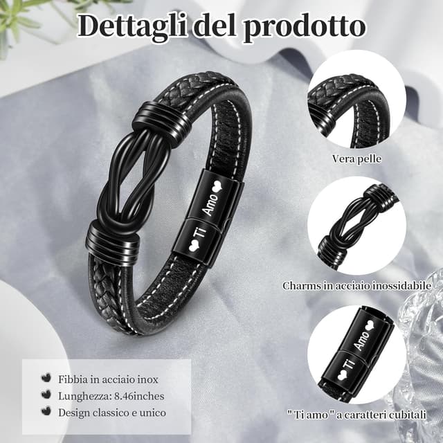 Detalle de Bracelet homme en cuir YELUWA avec fermoir magnétique et carte romantique « À mon homme »