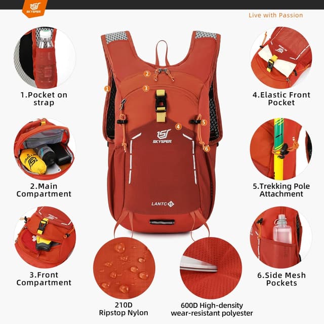 Detalle de SKYSPER Wanderrucksack 15L – leichter Tagesrucksack für Herren mit Ripstop-Nylon und verstellbarem Tragesystem