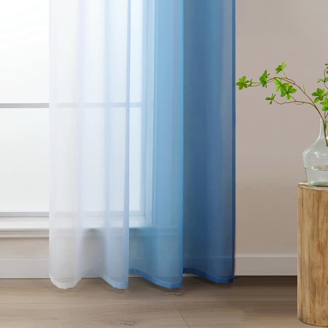 Detalle de L.Z.E Blue White Ombre Voile Curtains (with eyelets) – light blue gradient sheer panels, 96 inch drop