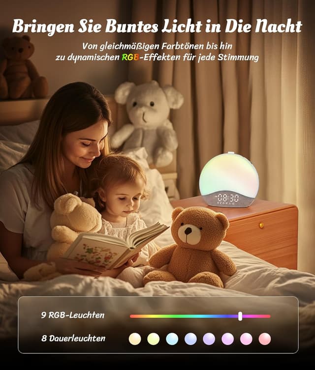 Detalle 1 de ecozy Tageslichtwecker (Lichtwecker) mit Bluetooth-Synchronisierung, Sonnenaufgang & -untergang sowie 17 Nachtlichtfarben