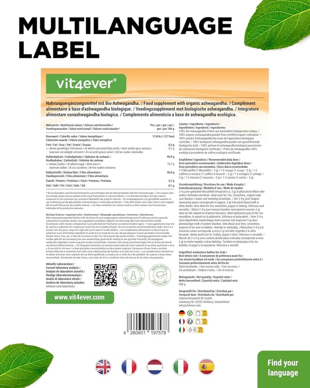 Detalle 2 de vit4ever Bio Ashwagandha Wurzel Pulver (Withania somnifera), 600 g – vegan