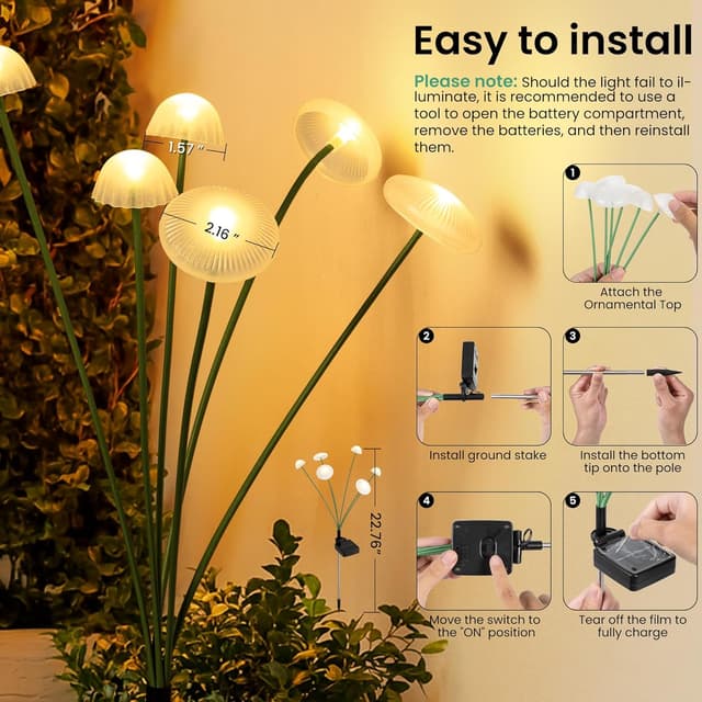 Detalle 2 de PATIOPIA Solar Mushroom Firefly Lights (4-pack) – waterproof garden path lights with a warm sway glow