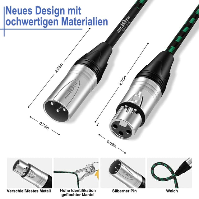 Detalle de Augioth XLR to XLR Pro Mic Cable (3-pin, male to female) – 6 metre green balanced shielded cable