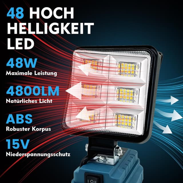 Detalle de Akku LED Arbeitsleuchte für Makita 18V (ohne Akku) 48W, 4.800 lm – mit USB-Anschluss