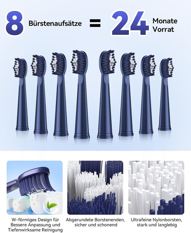 Detalle de JTF Elektrische Schallzahnbürste für Erwachsene – 5 Modi, 45 Tage Akkulaufzeit, IPX7 & 8 Bürstenköpfe (Blau)