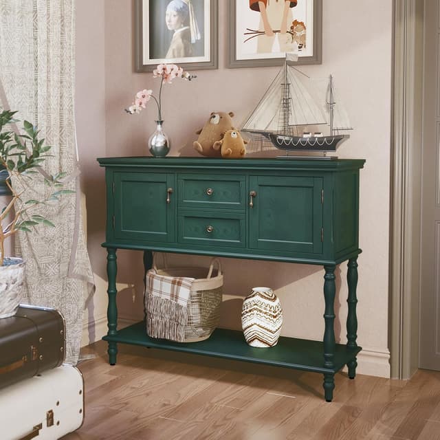 Thumbnail 6 de MROJISC Tavolo consolle con cassetti e armadietto in legno verde, stile retro e neoclassico