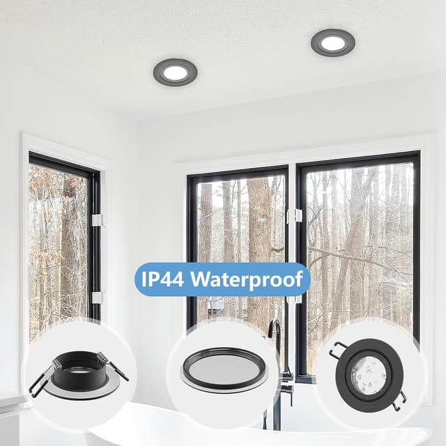 Detalle de Doughelec 10er Einbaustrahler GU10 Rahmen IP44 (Aluminium, schwarz) inkl. GU10 Fassung – rund, flach