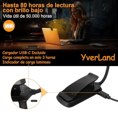 Thumbnail 7 de YverLand Luz de lectura con pinza de 24 LED, cuello flexible 360º y batería recargable USB