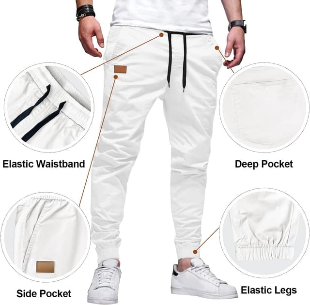 Detalle de PLEPAN Mens Casual Cargo Joggers — Cotton Drawstring Chino Pants