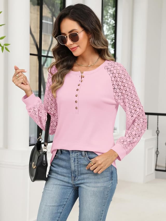 Detalle 2 de Minetom Women’s Lace Long Sleeve Henley Tops (Lace Sleeve Button-Down Casual Blouse)