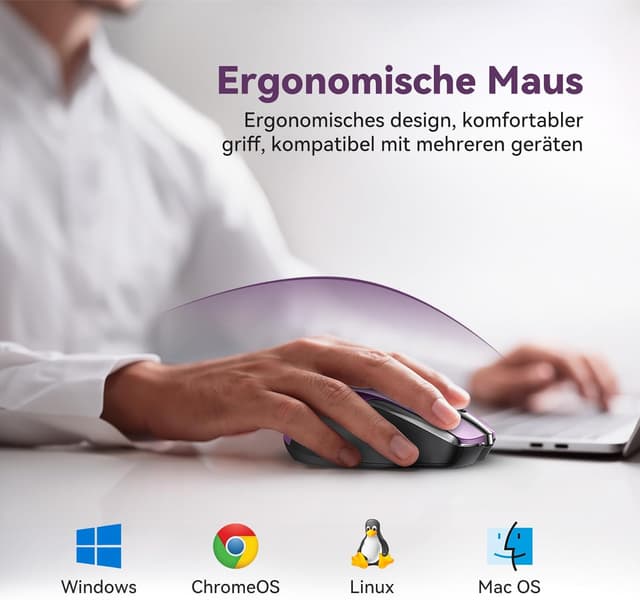 Detalle de TechRise Bluetooth Maus (BT 5.0/3.0 + 2.4G) mit USB-A Empfänger, 4800 DPI, lila – wiederaufladbar, leise