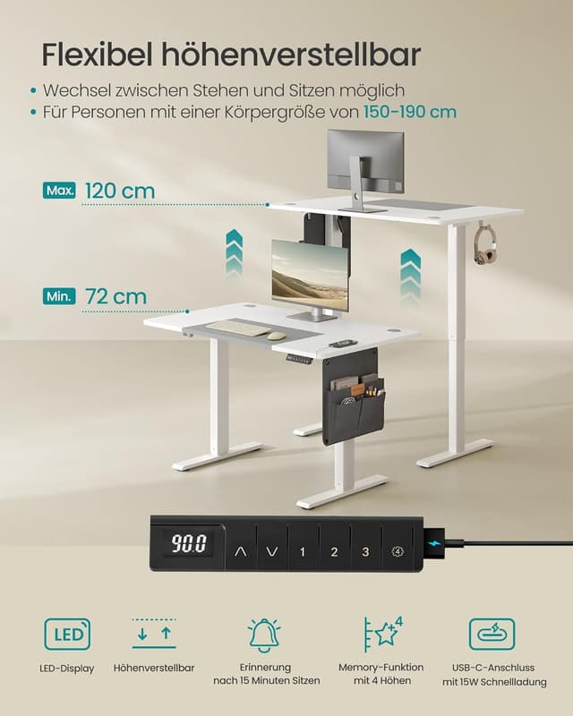 Detalle de SONGMICS elektrisch höhenverstellbarer Schreibtisch LSD015W02, 120 x 60 cm stufenlos, mit Memory-Funktion