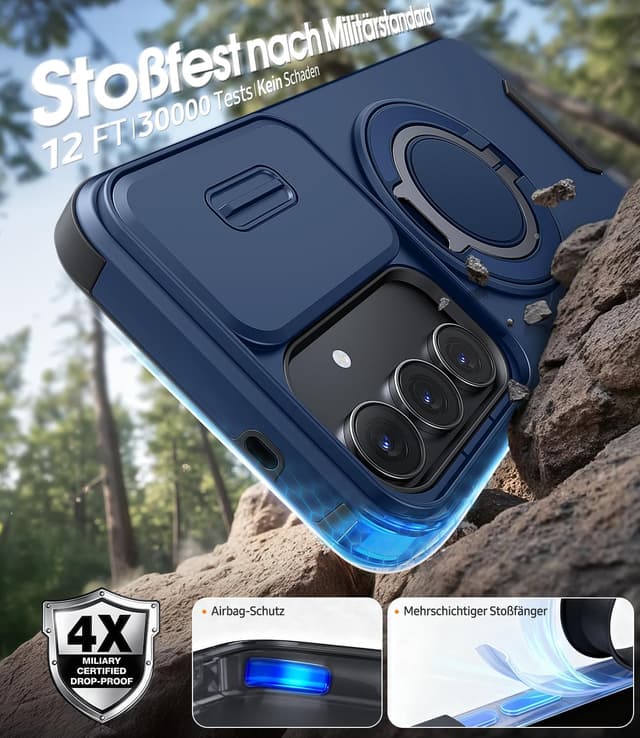 Detalle 2 de AOUIA Hülle für Samsung Galaxy S25 FE mit 2× Panzerglas, Kameraschutz & 360° Ring-Kickstand – stoßfest, blau