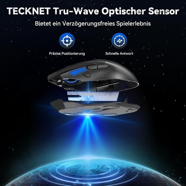 Detalle de TECKNET kabellose Gaming-Maus (2,4 GHz) mit Schnellfeuertaste, 8 Tasten, 4800 DPI – ergonomisch für PC, Mac & Laptop