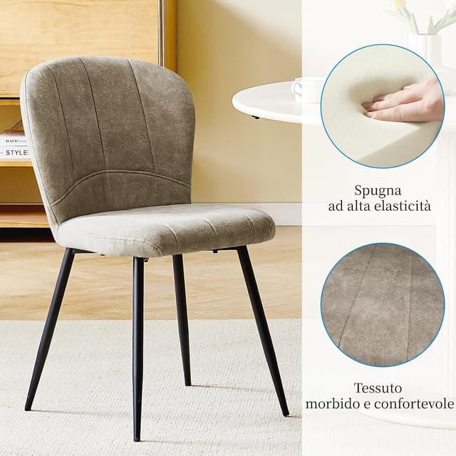 Detalle 2 de Set di 8 sedie ANVOFONG imbottite per sala da pranzo e cucina con gambe in metallo nero, schienale in tessuto Moka