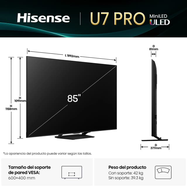 Detalle 2 de Hisense 85U7Q Pro TV MiniLED 85' UHD 4K, 165Hz