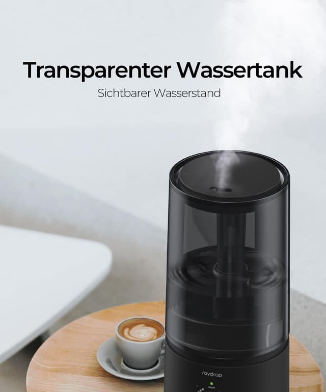 Detalle de raydrop Ultraschall-Luftbefeuchter fürs Schlafzimmer (1,7 L) – leise & platzsparend, mit automatischer Abschaltung, schwarz