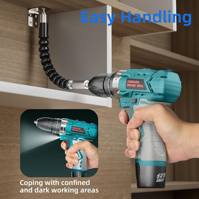 Detalle de PONOSEU Trapano Avvitatore 12V Compatto (kit completo) con 2 batterie da 2000 mAh, 25+3 regolazioni e set 24 pezzi