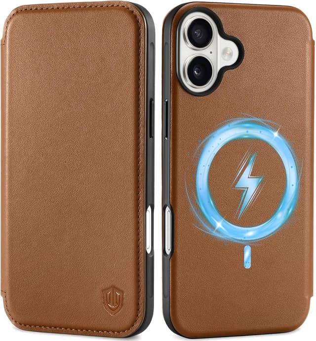 Detalle de SHIELDON Echtleder-Hülle für iPhone 16 Plus 5G (6,7") – Dünne Klapphülle mit Magnetverschluss, Kartenfach & RFID-Blocker, Sattelbraun