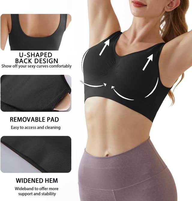 Detalle de Memoryee Women’s 3-Pack Sports Bras (Plus Size, Non-Wired) with Removable Padded Inserts