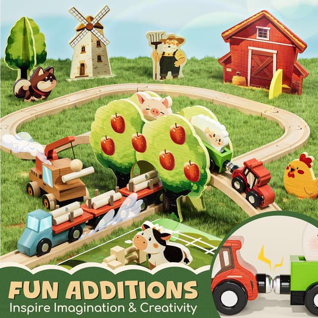 Thumbnail 6 de Lehoo Castle Wooden Train Set (72 pcs) – Farm-themed magnetic crane wooden tracks for ages 3–6