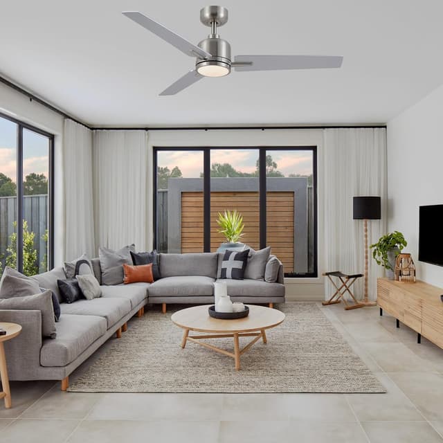 Detalle de Newday Deckenventilator Holz & Silber 122 cm mit Beleuchtung, dimmbar & Fernbedienung