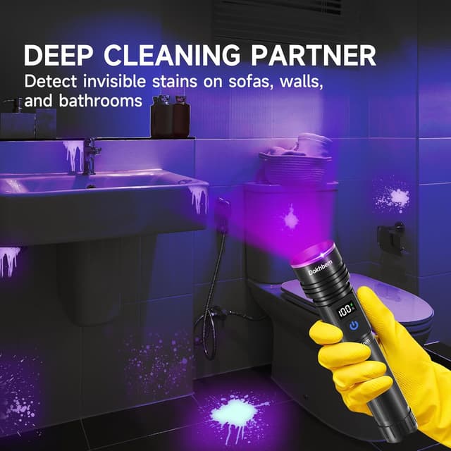 Detalle 2 de Dokhbem 365nm Rechargeable UV Flashlight with LCD Display for Pet Urine Detection & Resin Curing (Black Light, Black)