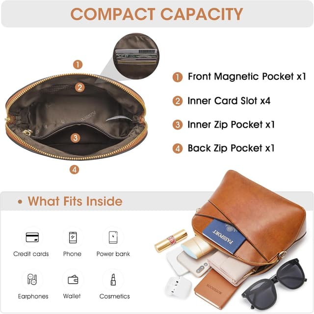 Detalle 2 de Kattee borsa a tracolla in vera pelle da donna con tracolla regolabile e 8 tasche