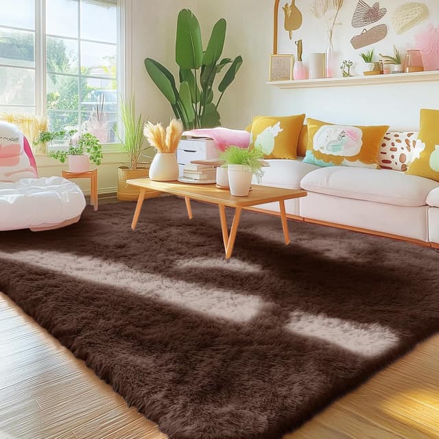 Detalle de Homaxy Hochflor Flauschig Teppich mit Anti-Rutsch Unterseite, waschbar – 140 x 200 cm, Braun