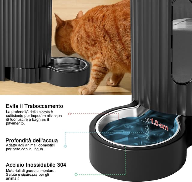 Detalle de Gardner Pet 2 in 1 Distributore automatico non elettrico cibo e acqua per gatti (3L + 1,3 kg) con ciotola inox 304, nero
