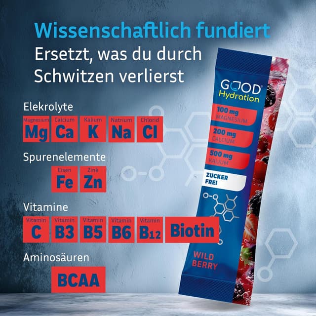 Detalle de GOOD Hydration® Rehydration Booster WALDBEERE – Elektrolyt-Pulver ohne Zucker mit 1.450 mg pro Stick (24 Sticks)