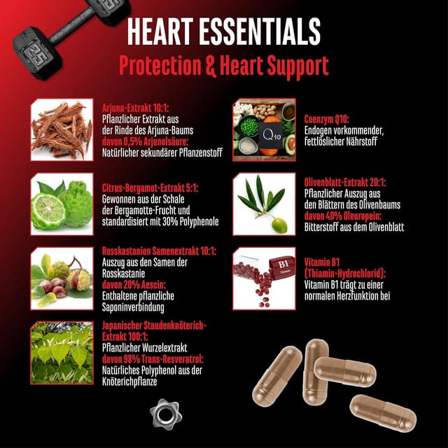 Detalle 2 de Heart Essentials Herz-Komplex von German Elite Nutrition – 120 vegane Kapseln mit Q10 & Vitamin B1