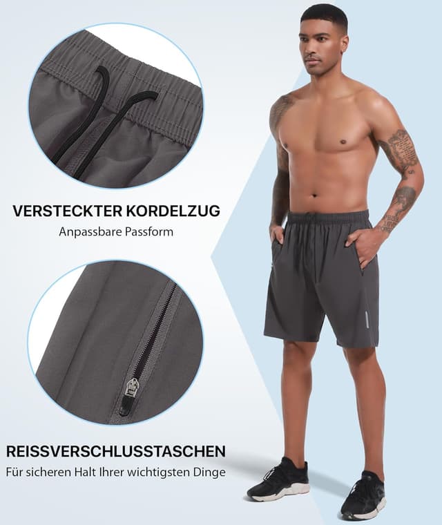 Detalle de UUMIAER Sporthose Herren Kurz im 2er/3er Pack – schnell trocknend mit Reißverschlusstaschen