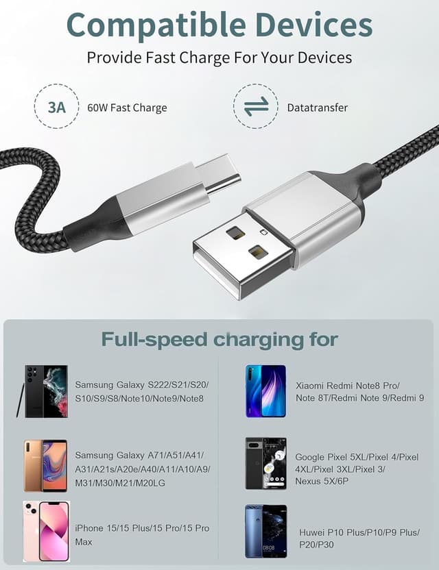 Thumbnail 6 de Acecene USB-A auf USB-C Ladekabel (1 m), 2er-Set mit 3A Schnellladen & Datenübertragung – Schwarz
