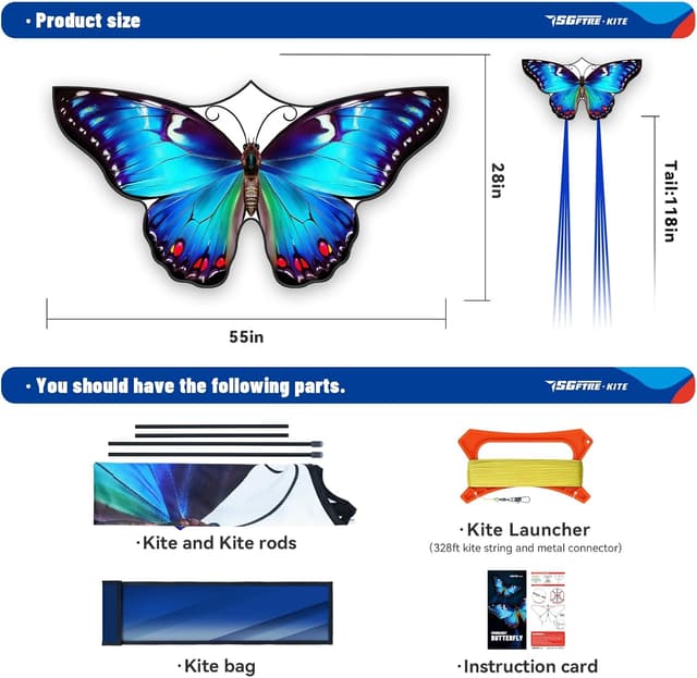 Detalle de Schmetterlingsdrachen für Jungen & Mädchen: Moonlight Butterfly mit Schnur & Griff