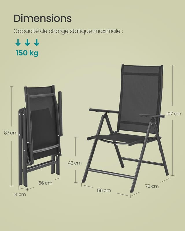 Detalle de SONGMICS Chaise de jardin pliable lot de 2, dossier réglable 8 positions jusqu’à 150 kg (GCB29BK) – noir