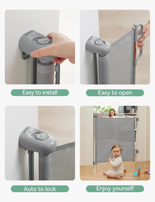 Detalle de Momcozy auto-lock retractable stair gate (140cm wide, 83cm tall) for toddlers and pets