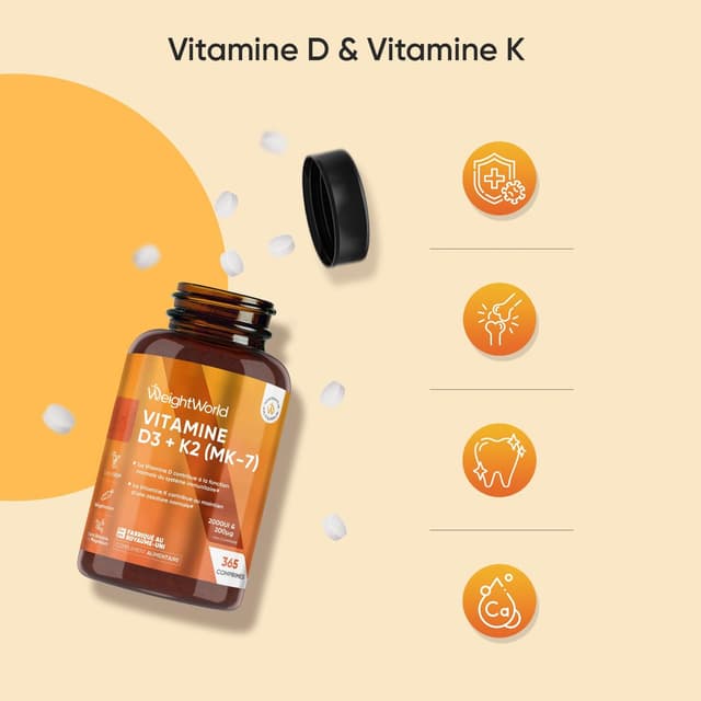 Detalle de WeightWorld Vitamine D3 K2 MK7 (MK-7) – 365 micro-comprimés végétariens, 2000 UI D3 et 200 µg K2