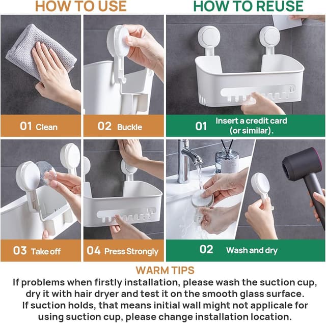 Thumbnail 6 de LEVERLOC Suction Shower Caddy with 2 Baskets and No-Drill Storage Shelf (White)