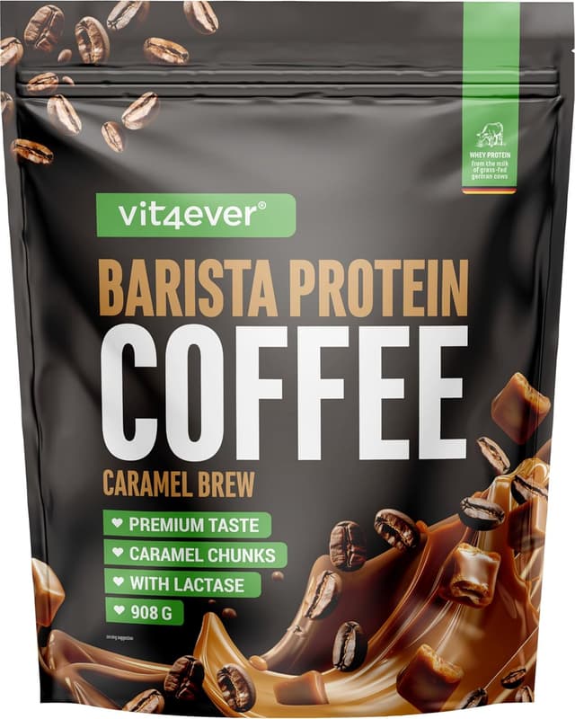 Detalle de Vit4ever Barista Protein Coffee Caramel Brew (908 g) – café protéiné crémeux au caramel, jusqu’à 20 g de protéines