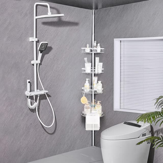 Detalle 2 de Wopeite étagère de douche télescopique réglable 73–265 cm, sans perçage, en acier inoxydable (4 paniers) – gris