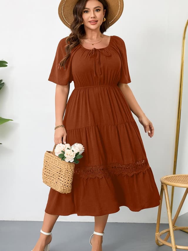 Detalle 2 de RWJ Women’s Plus Size Maxi Dress with Square Neck, Flutter Sleeves & Lace Trim