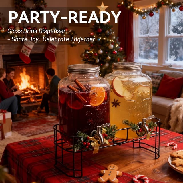 Detalle de KIKCOIN 1 Gallon Glass Drink Dispensers (2-Pack) with Leakproof Stainless Steel Spigot, Stand, Filter & Stirrer