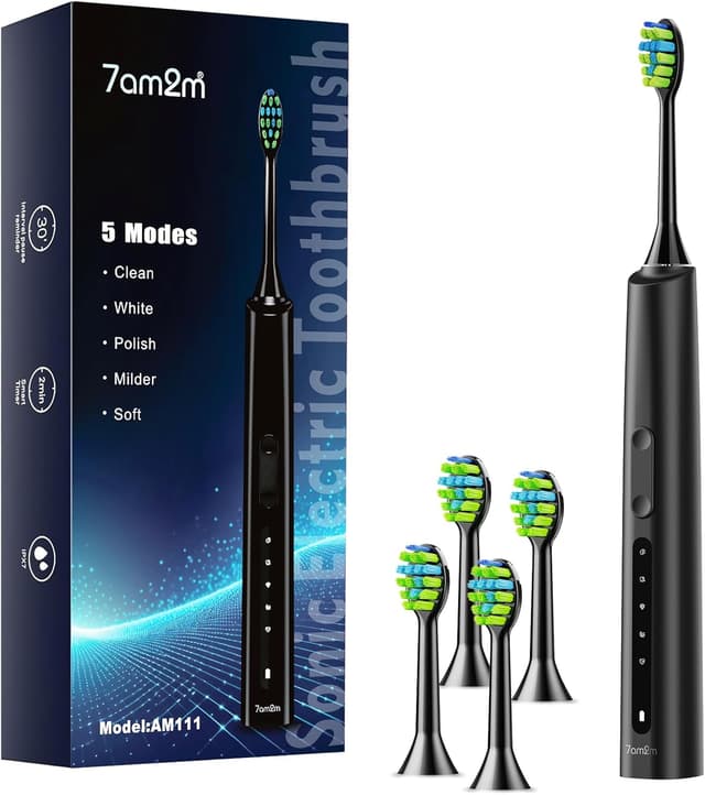 Detalle de 7AM2M Sonic Electric Toothbrush (Black) for Adults and Kids — 40,000 VPM, 5 Modes, 4 Brush Heads, Smart 2-Min Timer